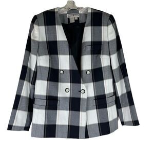 Dress Barn Blazer Women’s Navy White Plaid 80s Jacket Double Breasted 2 Button 6